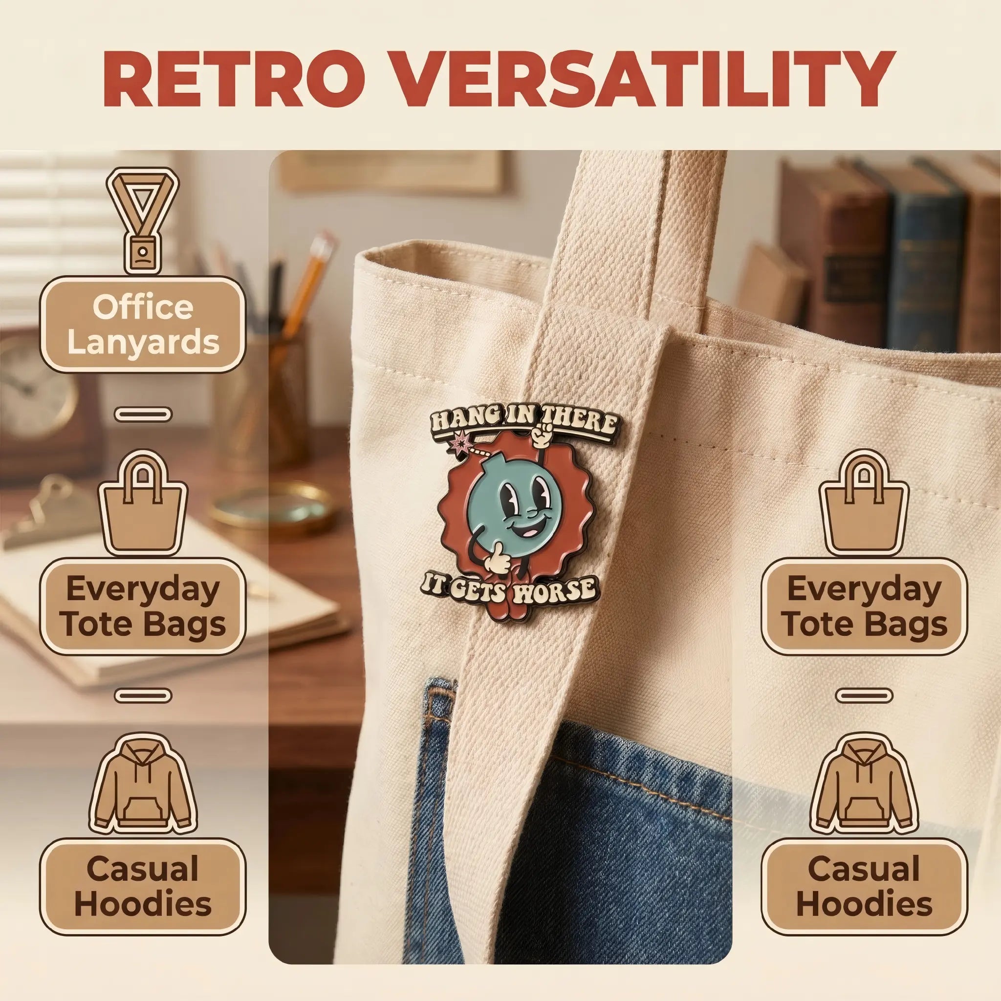 [4-Pack] Funny Hang In There It Gets Worse Enamel Pin | Vintage Cartoon Bomb Lapel Pin