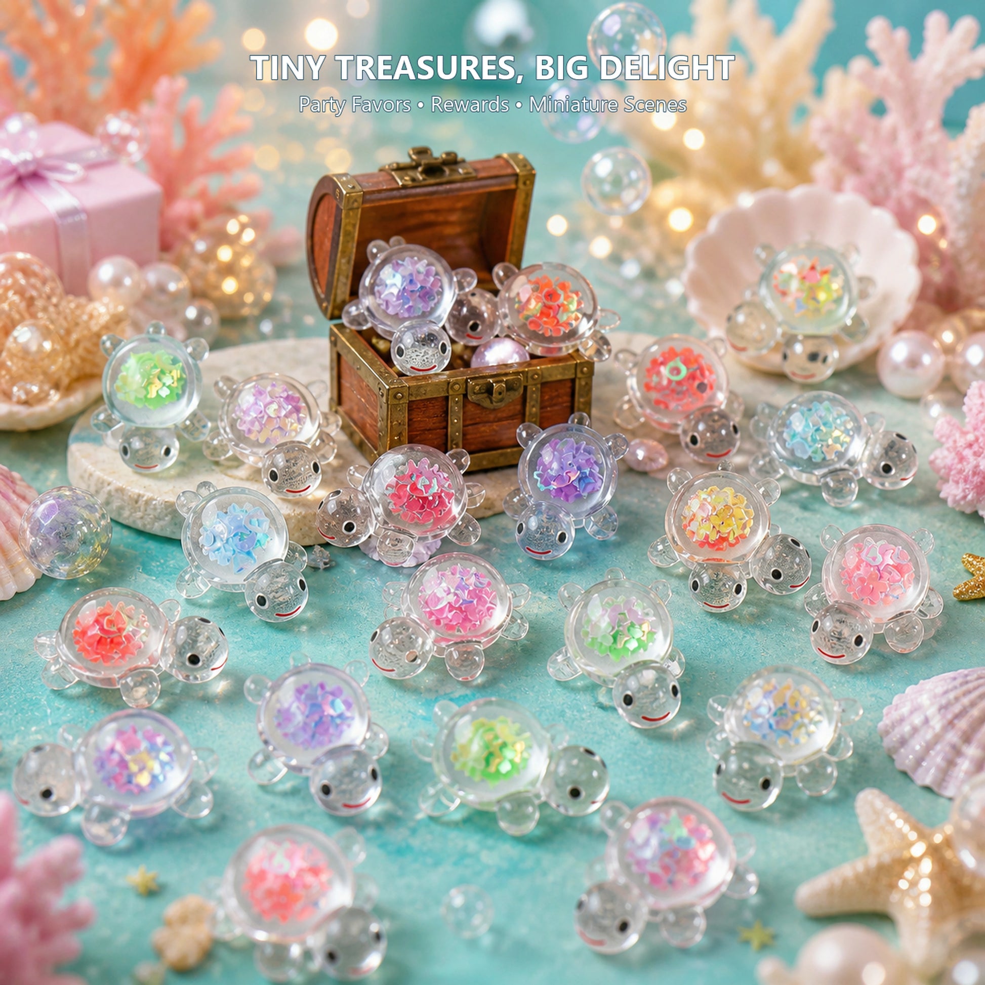 Transparent glitter turtle miniatures in a whimsical ocean treasure scene