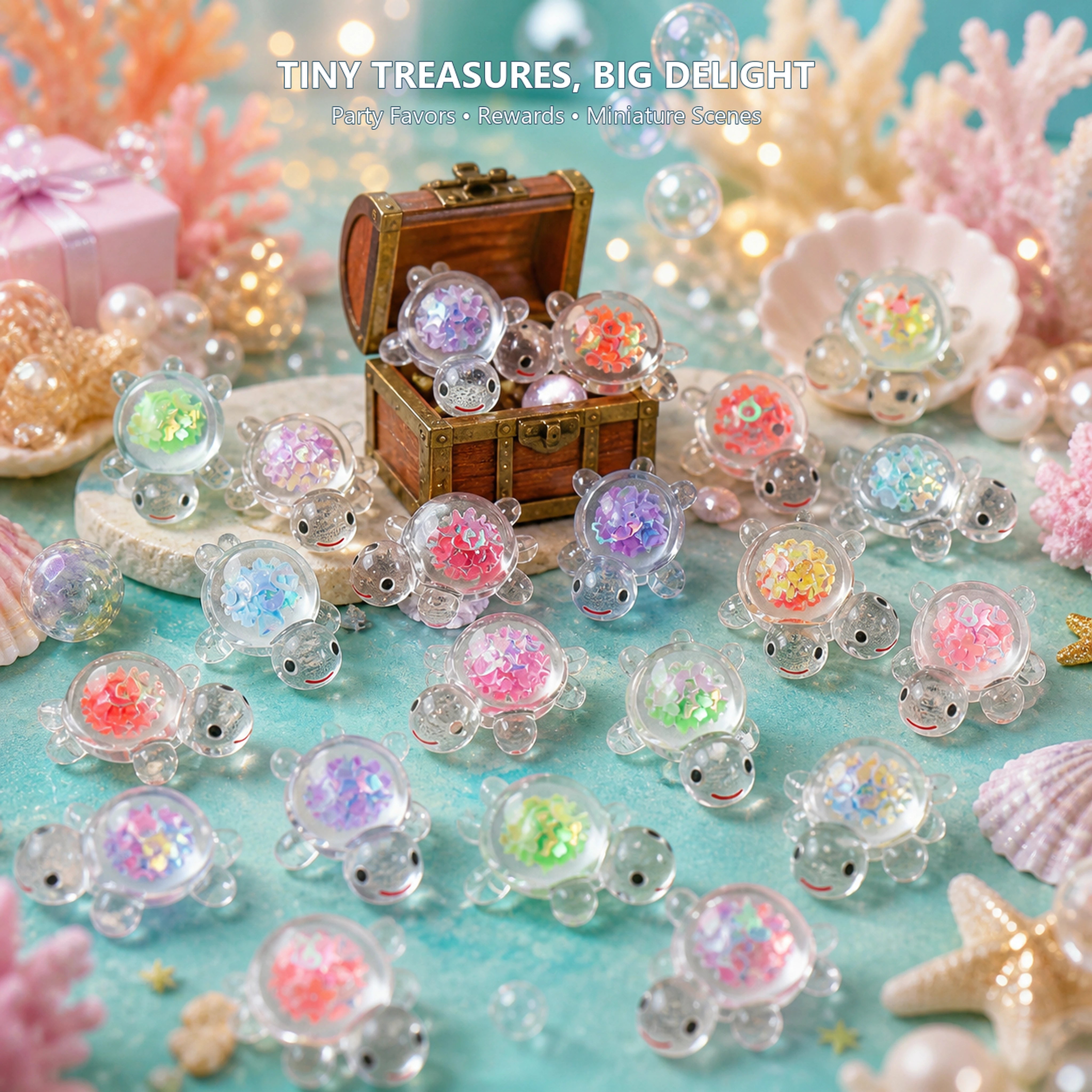 Transparent glitter turtle miniatures in a whimsical ocean treasure scene
