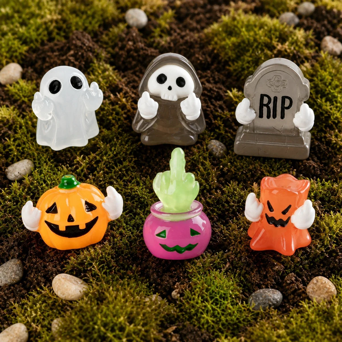 Close-up Halloween miniatures on moss