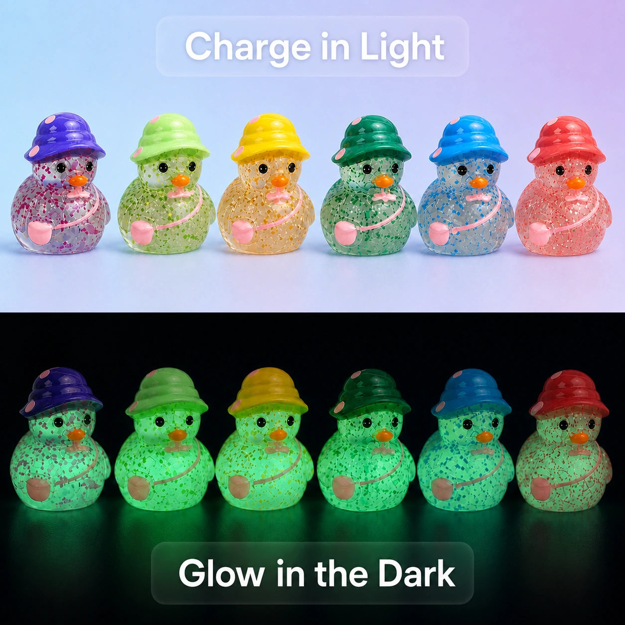 Glitter duck figurines charged in light and glowing in the dark