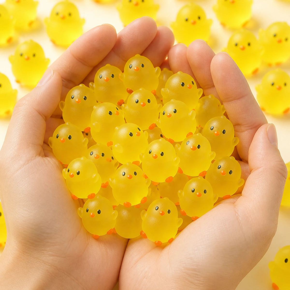 Hand holding many tiny yellow resin chick figurines