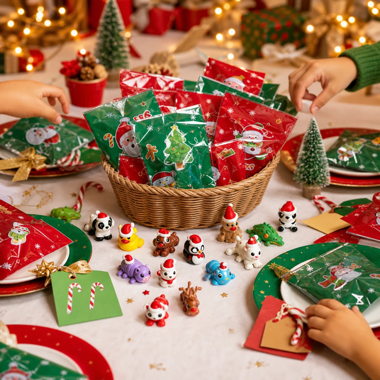 Individually wrapped Christmas animal blind bags used as holiday party favors