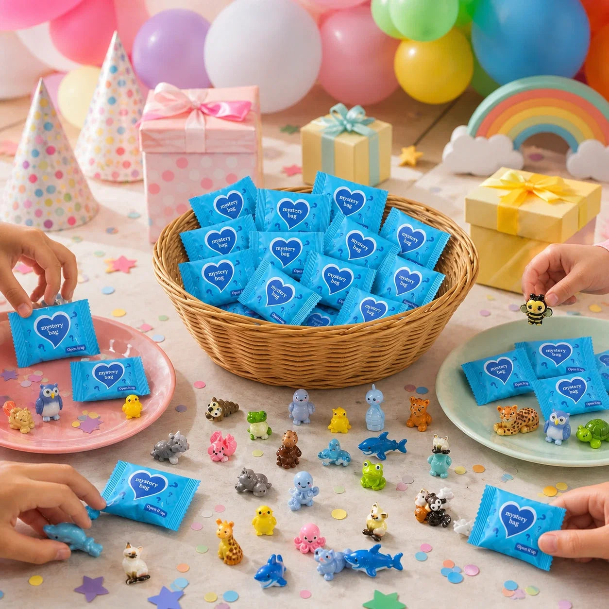 Small individually wrapped blue mini animal mystery bags used as party favors and classroom rewards