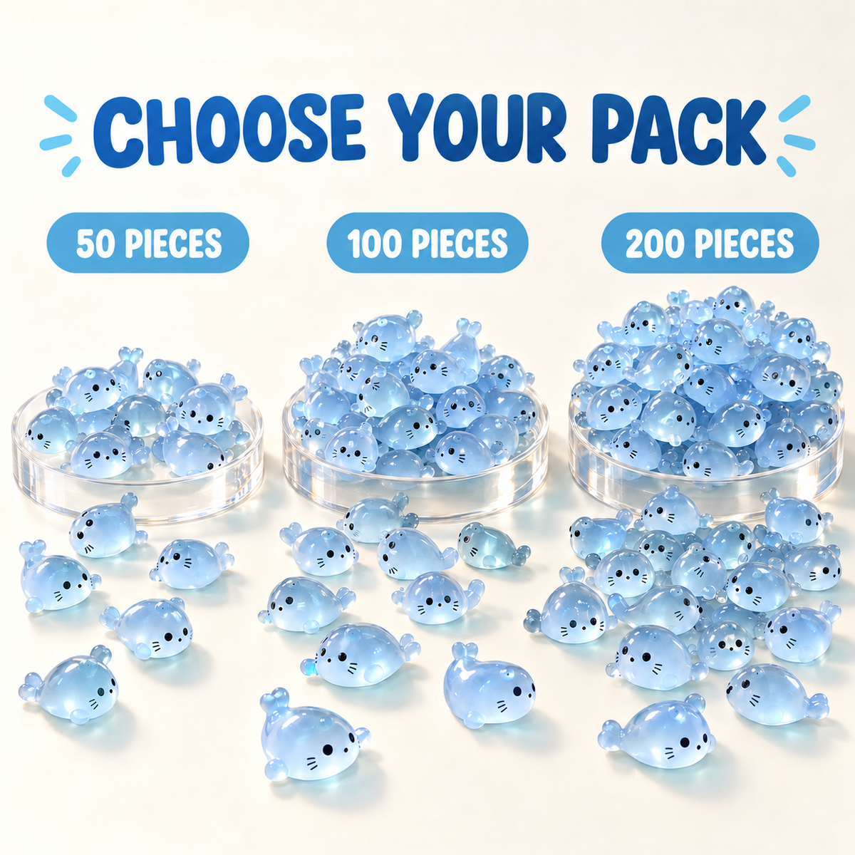 Choose 50, 100, or 200 piece bulk packs of glow-in-the-dark mini seal figurines
