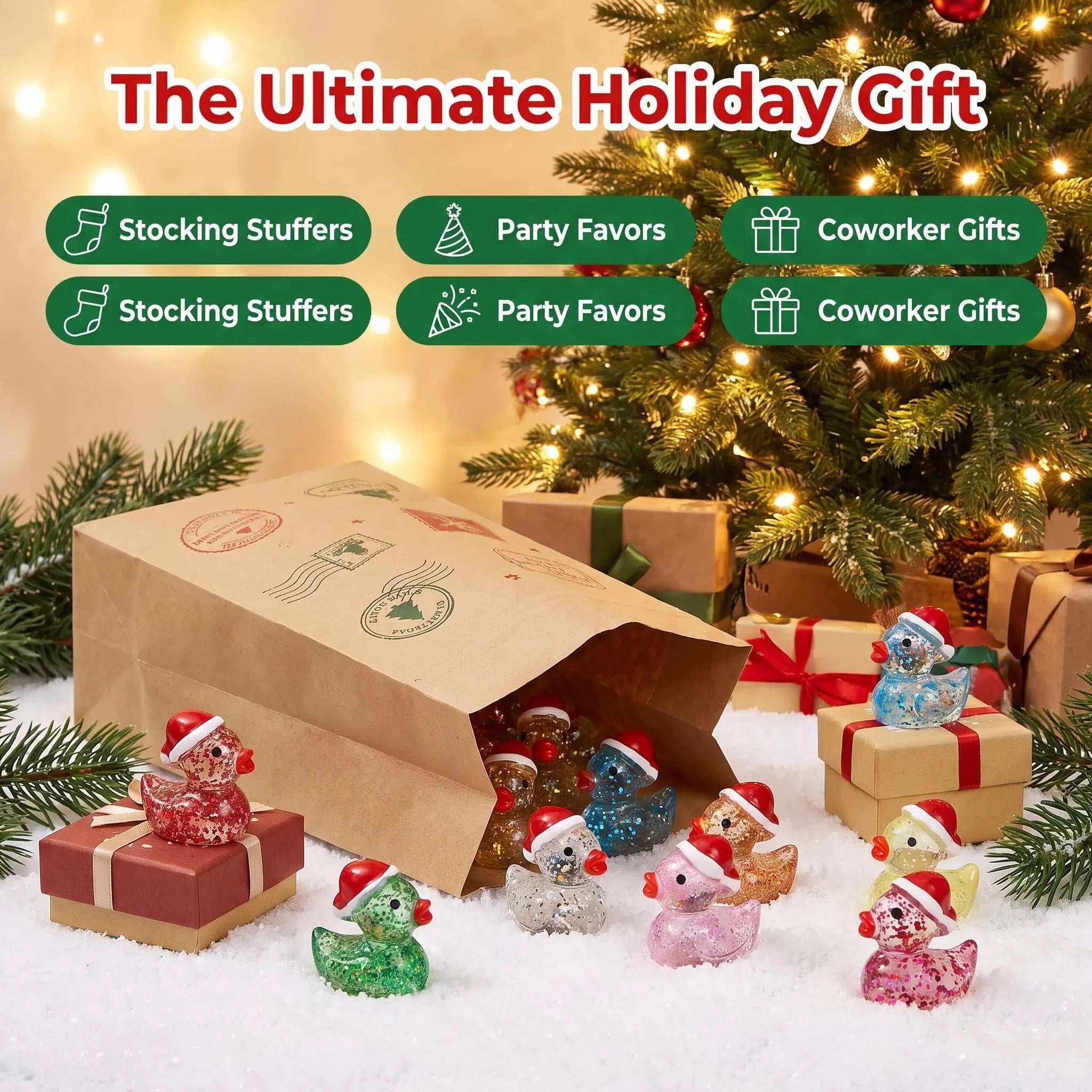 Mini Christmas Glitter Resin Ducklings | Colorful Holiday Santa Hat Mystery Bulk Grab Bag Miniature Festive Decor Pieces