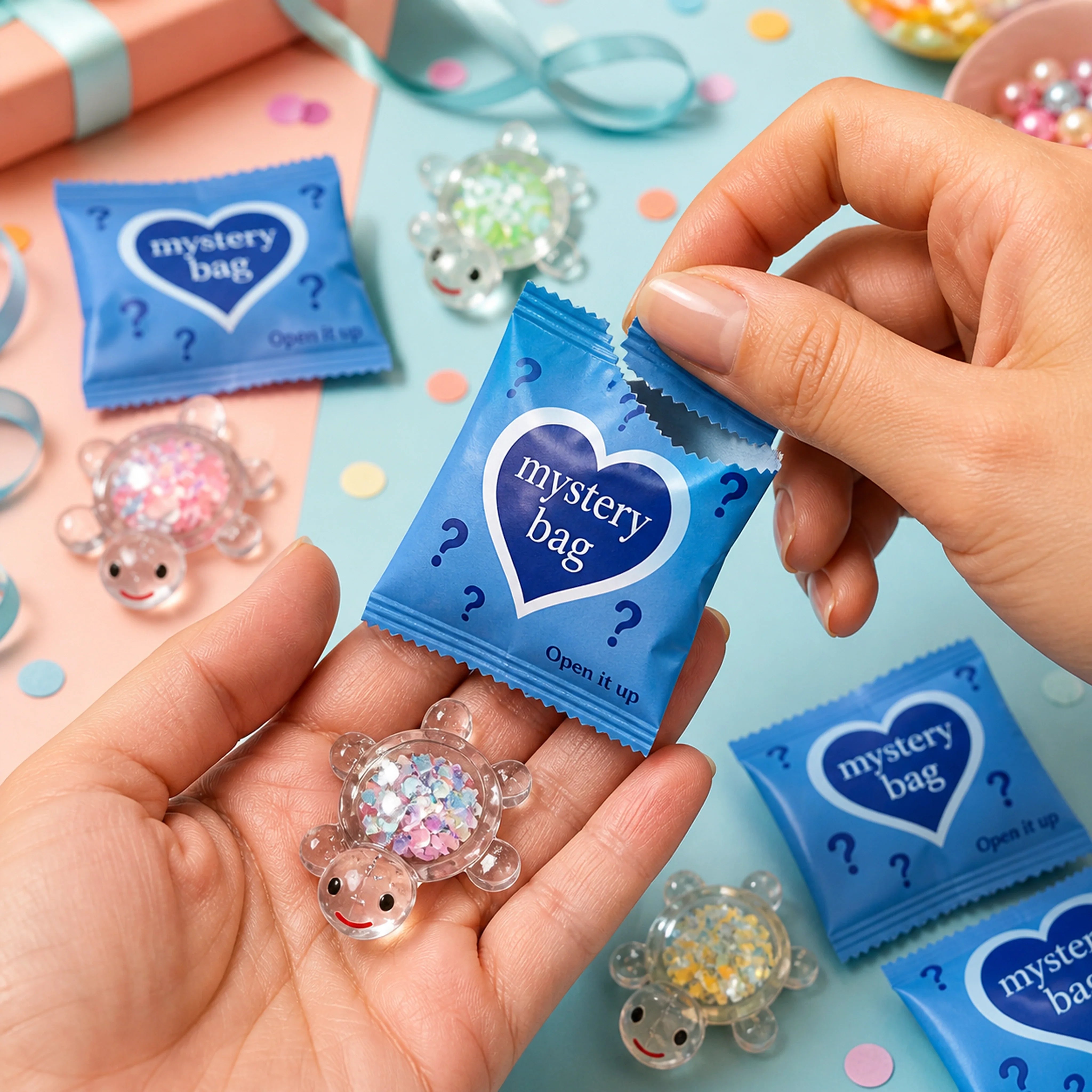Hands opening a small blue mystery bag to reveal a transparent glitter turtle figurine