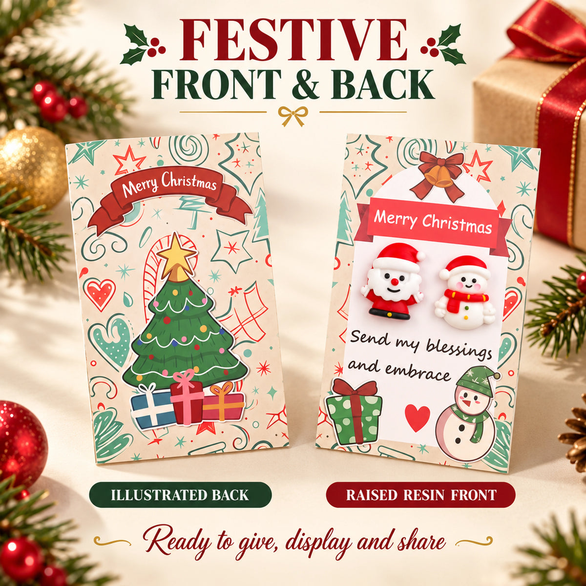Front and illustrated back of a Christmas pocket hug card with resin charms