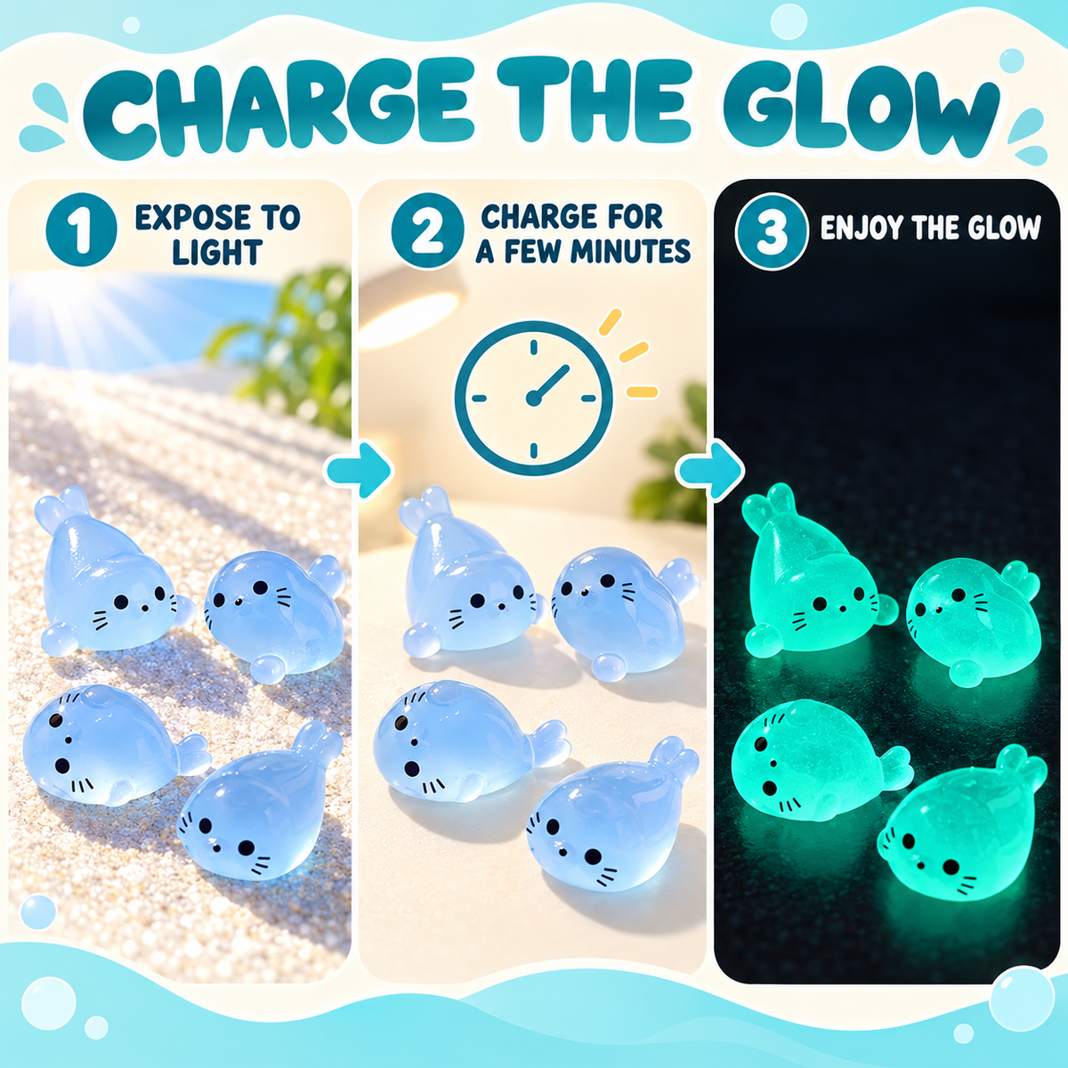 Three steps to charge glow-in-the-dark mini seal figurines with light