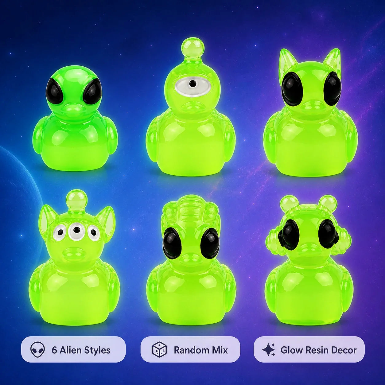 Six alien styles random mix glow resin decor