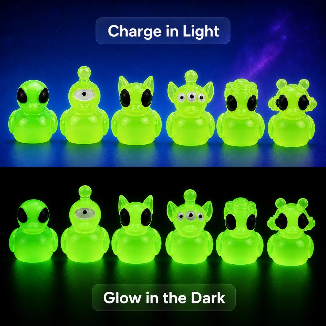 Bulk alien duck miniatures on blue violet space background
