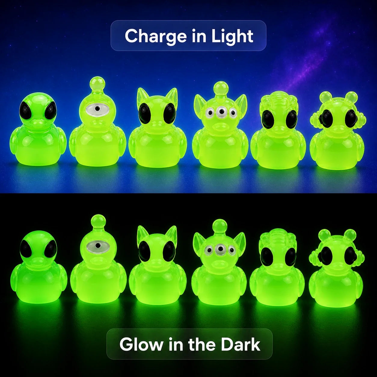 Alien ducks charged in light and glowing in the dark