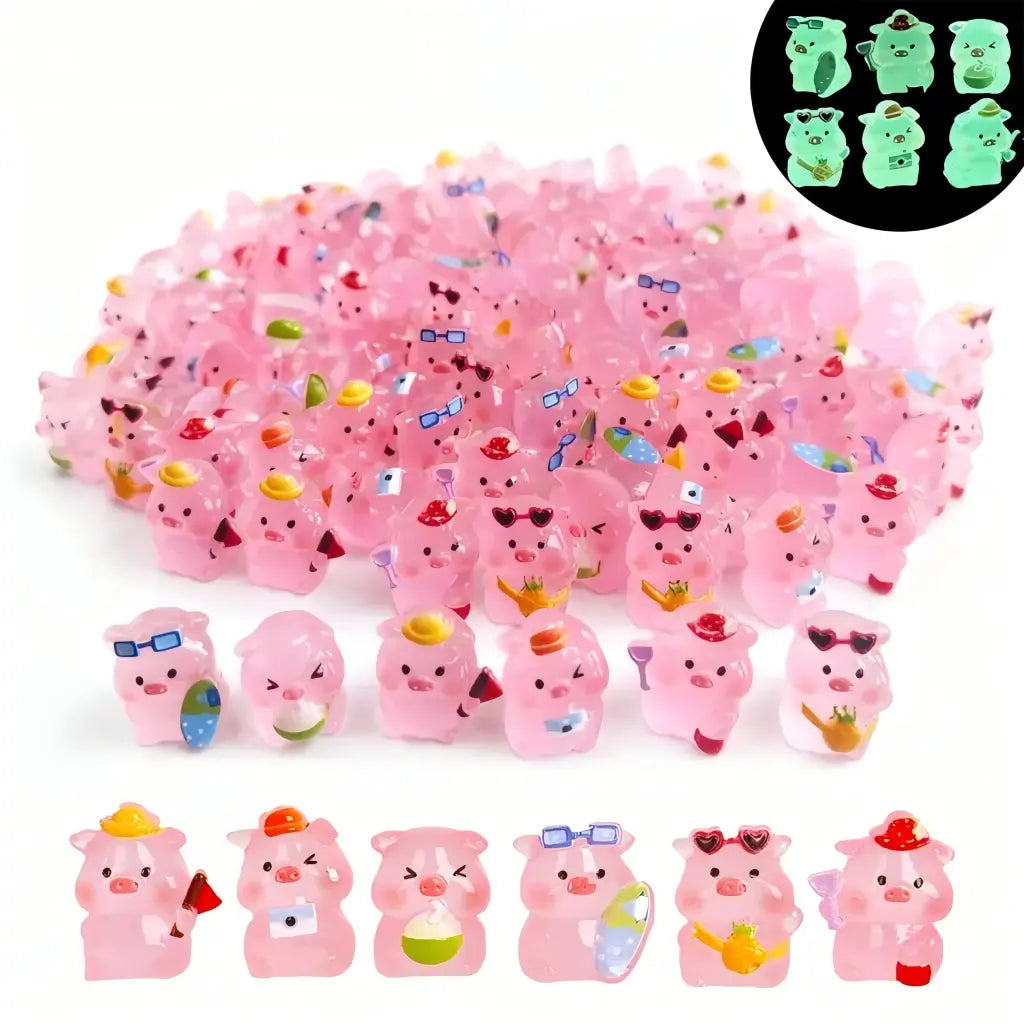 Mini Glow-in-the-Dark Pink Pig Figurines | Cute Summer Resort Mystery Bulk Grab Bag Luminous Micro Landscape Decorative Pieces