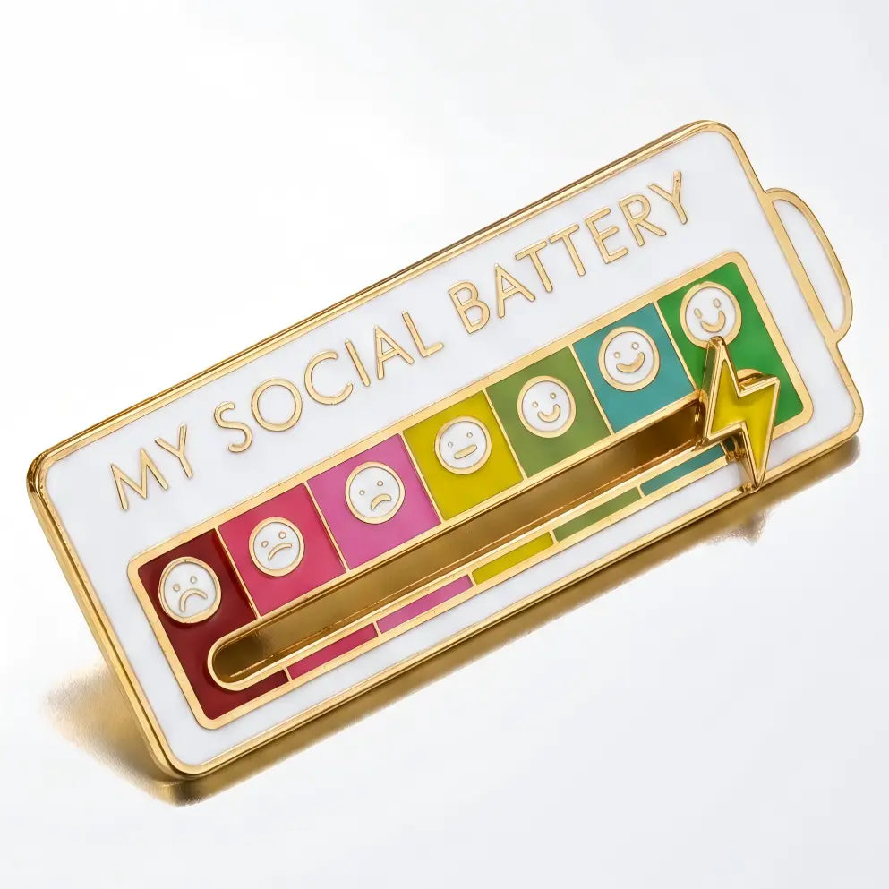 Interactive Sliding Social Battery Enamel Pin | Funny Introvert Office Humor Alloy Lapel Pin