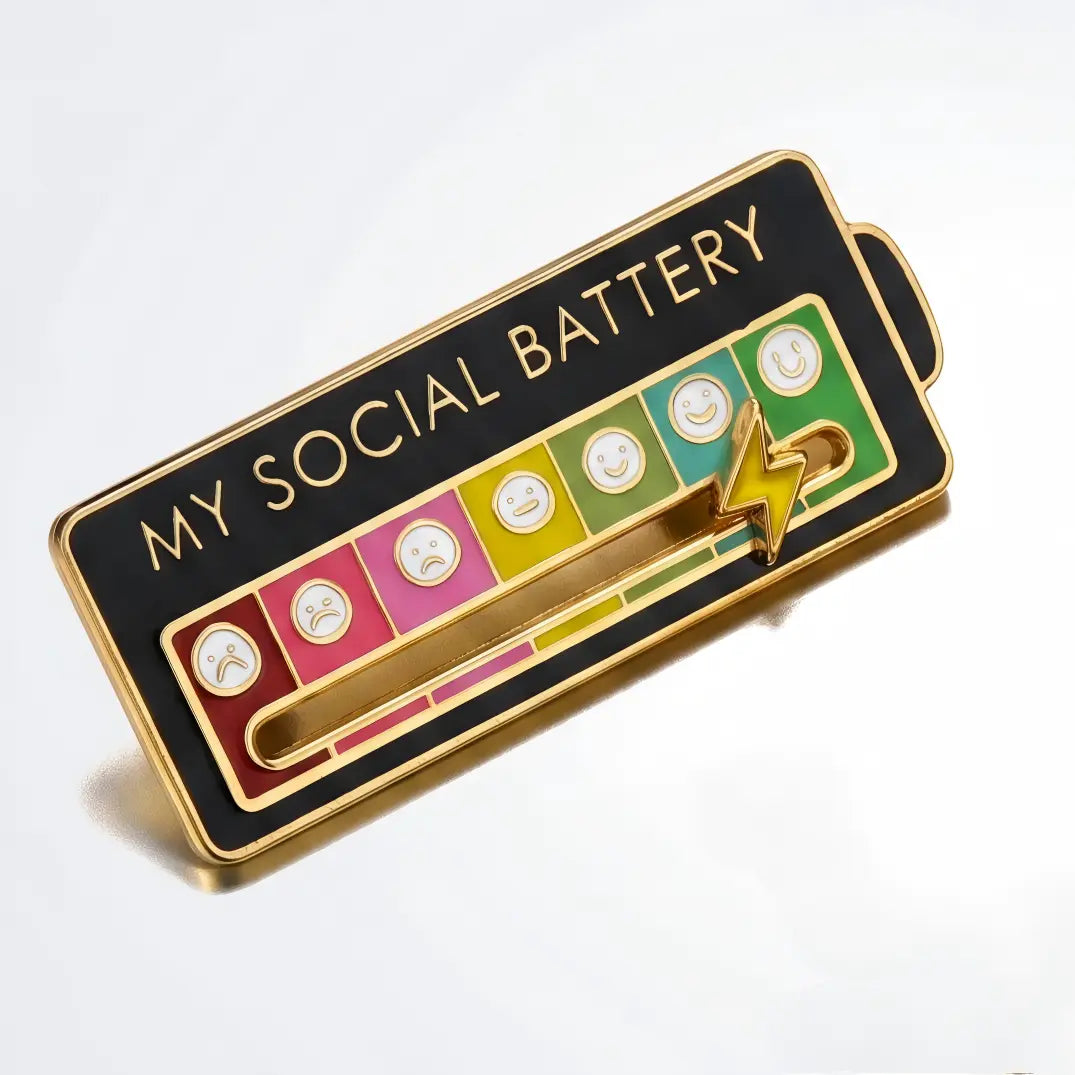 Interactive Sliding Social Battery Enamel Pin | Funny Introvert Office Humor Alloy Lapel Pin