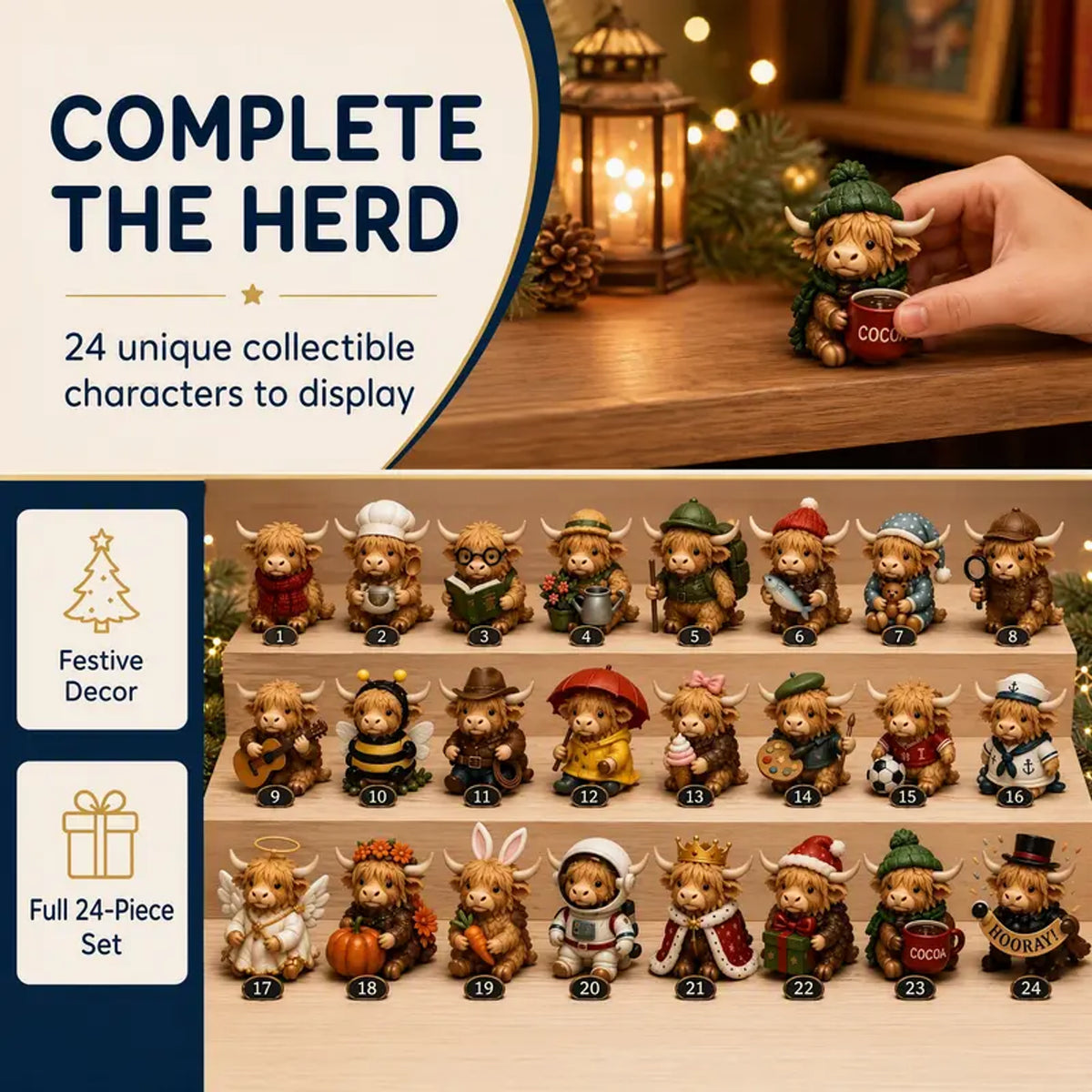 Complete set of 24 Highland cow collectible mini figures in festive costumes