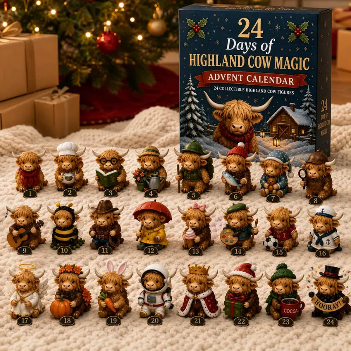 Highland cow advent calendar figures displayed beside a Christmas tree