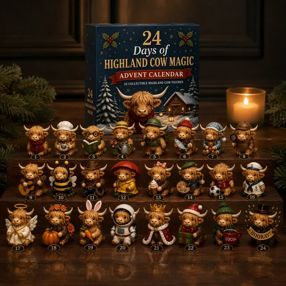Twenty-four Highland cow figures arranged with their Christmas advent calendar box