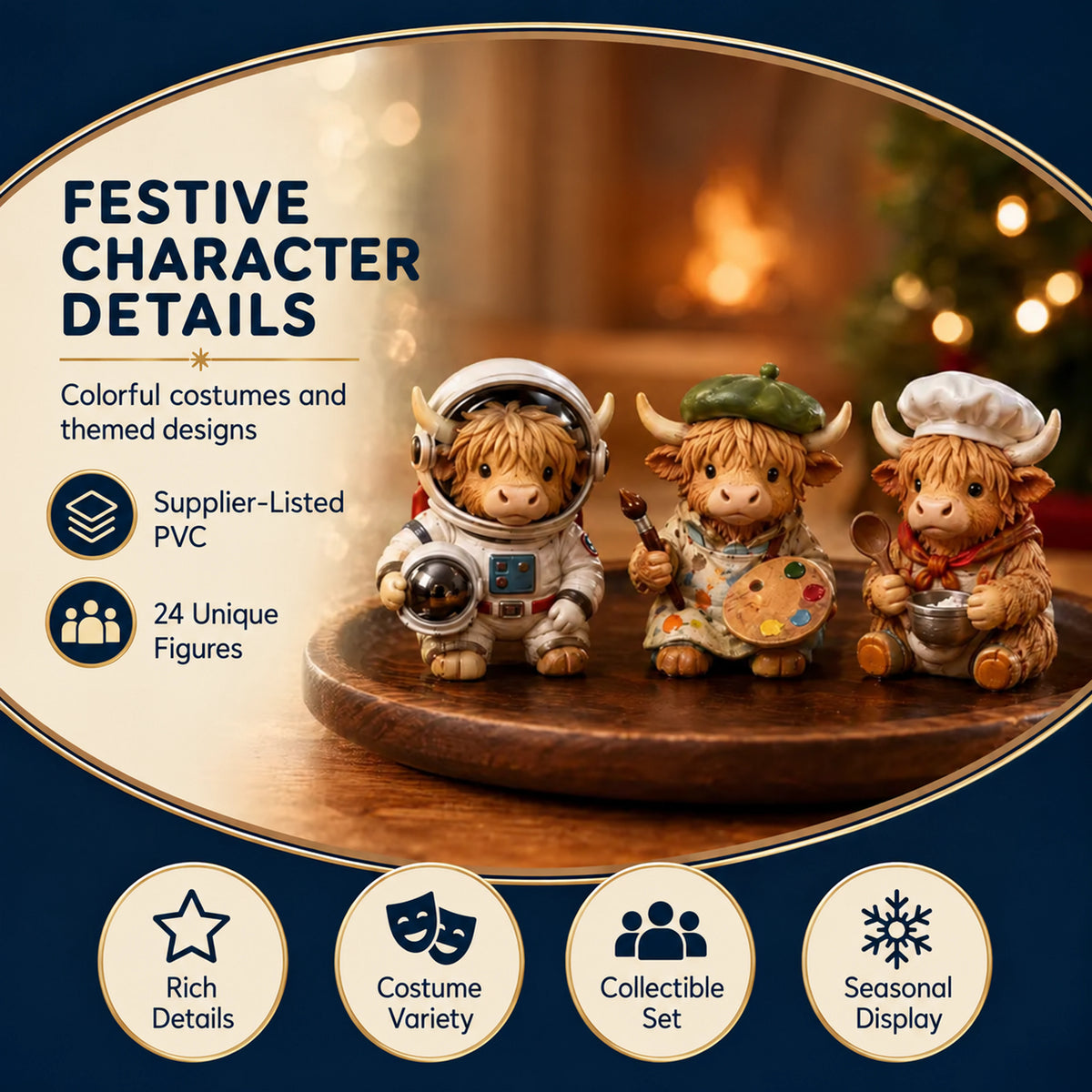 Three Highland cow collectible figures showing costume details and supplier-listed PVC material