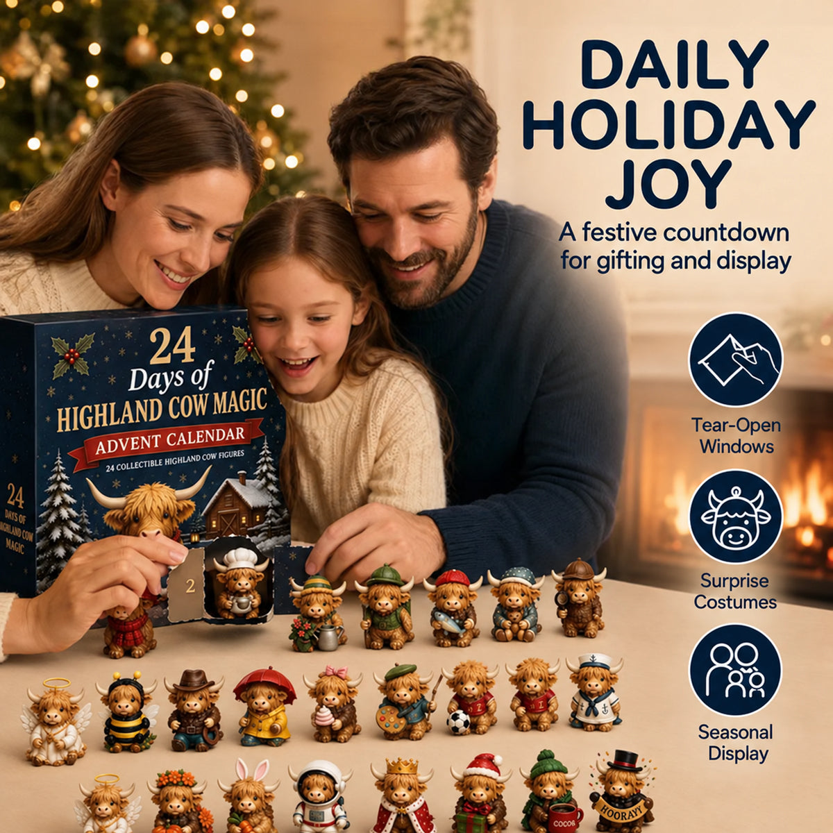 Family opening a Highland cow blind box advent calendar beside festive collectible figures