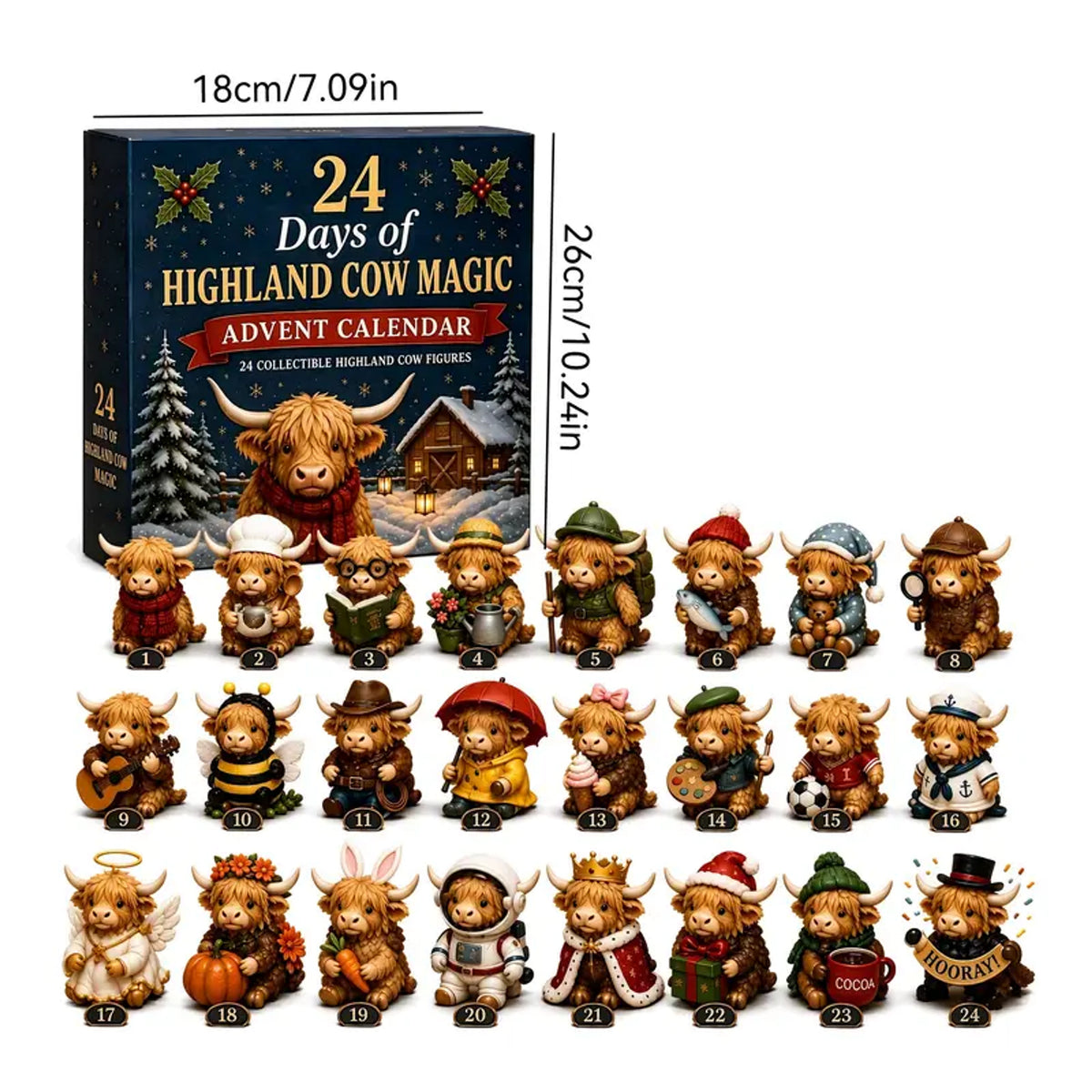 Highland cow blind box advent calendar size guide showing 7.09 by 10.24 inch box and 24 figures