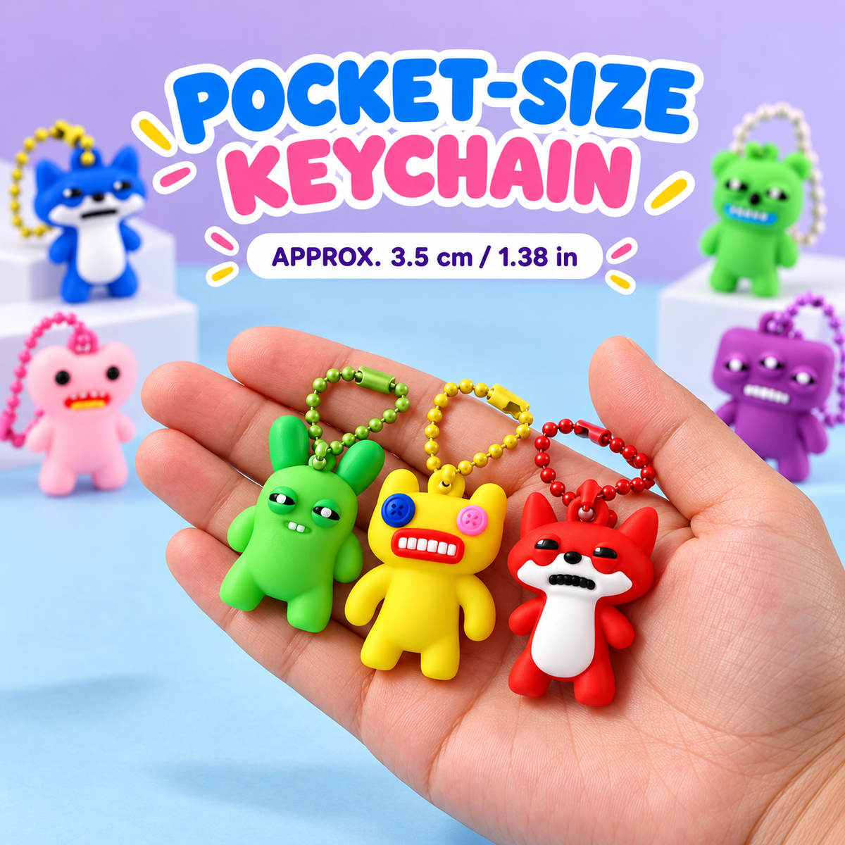 Pocket-size mini monster keychains shown in an adult hand
