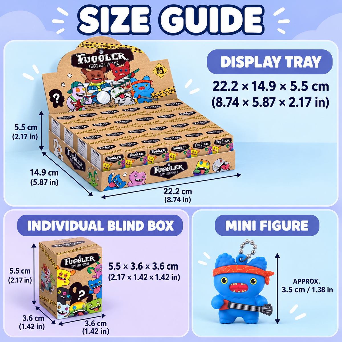 Display tray, individual blind box and mini figure size guide