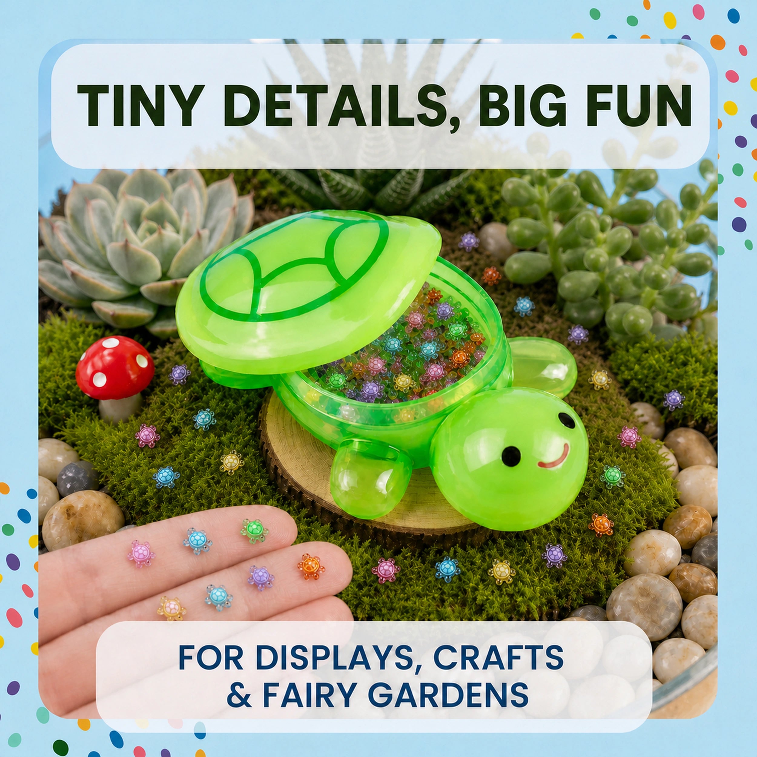 Mini resin turtles displayed in a fairy garden craft scene