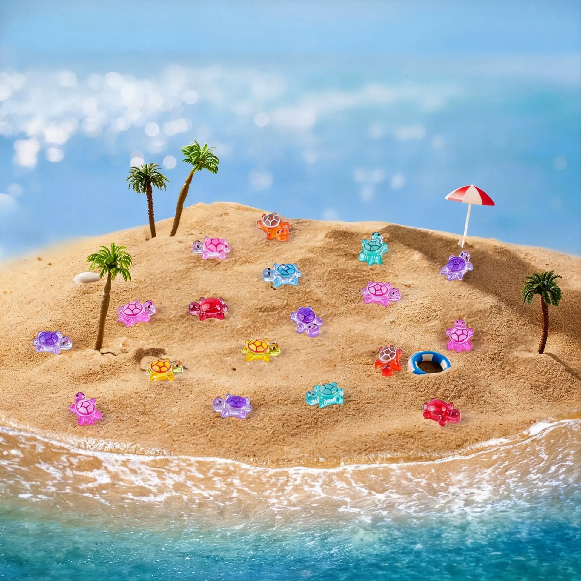 Colorful mini turtles arranged in a beach miniature scene