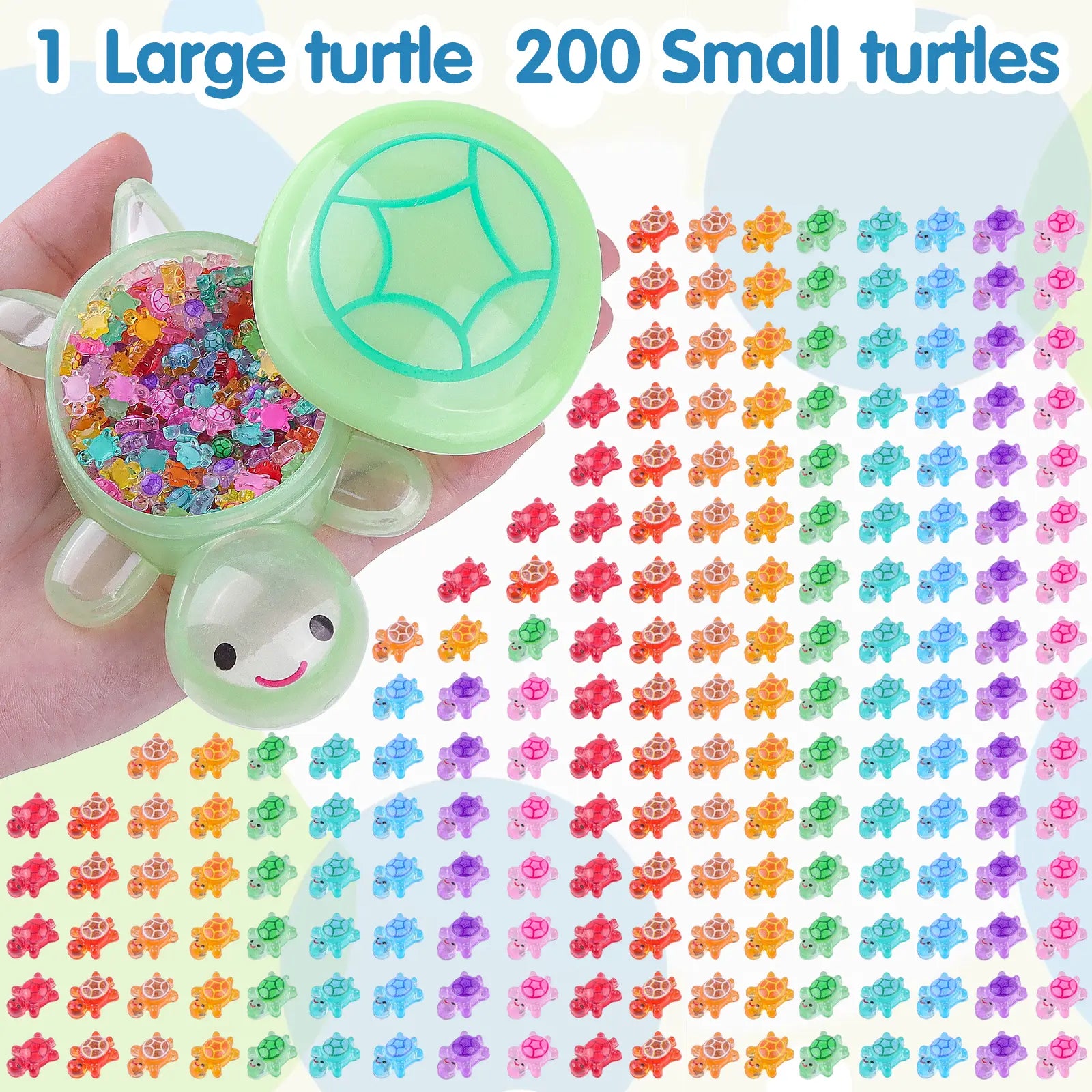 One large green turtle and 200 colorful mini turtles