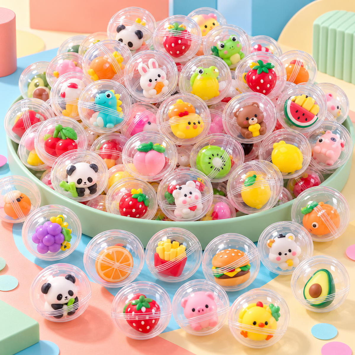 Colorful mini animal and fruit surprise figurines inside clear capsules