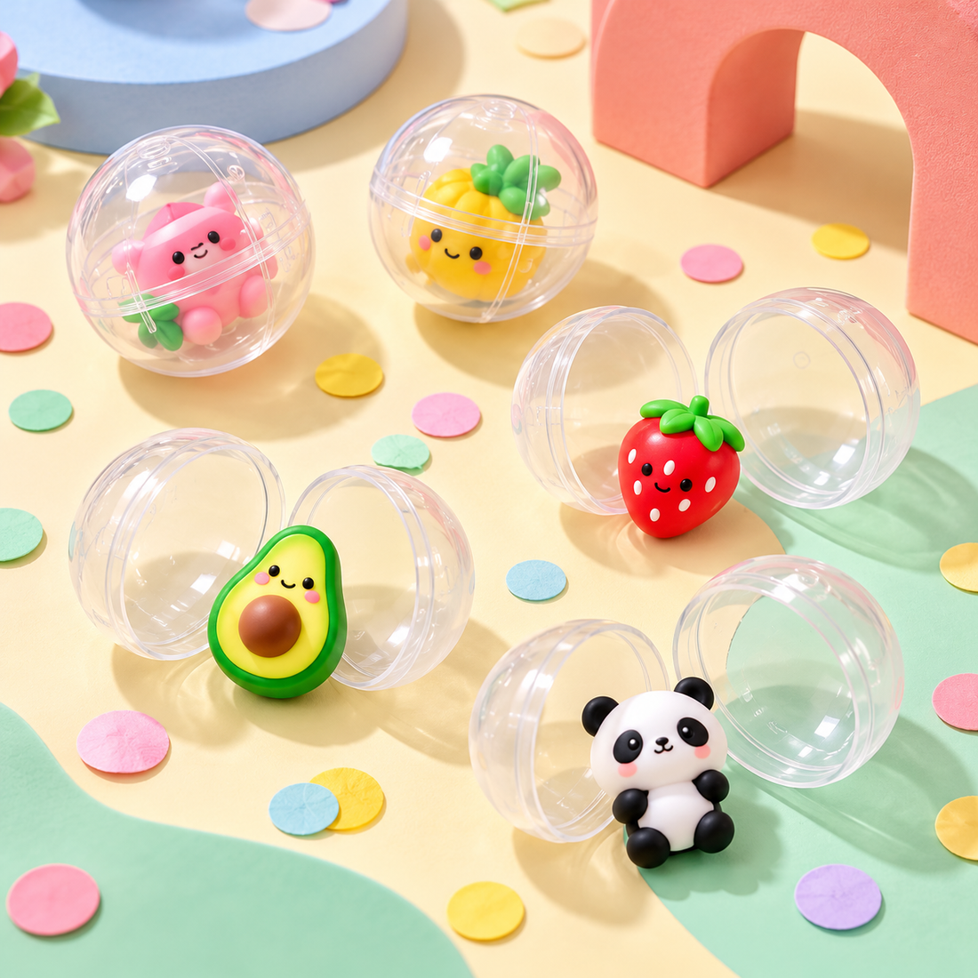 Colorful mini animal and fruit surprise figurines inside clear capsules