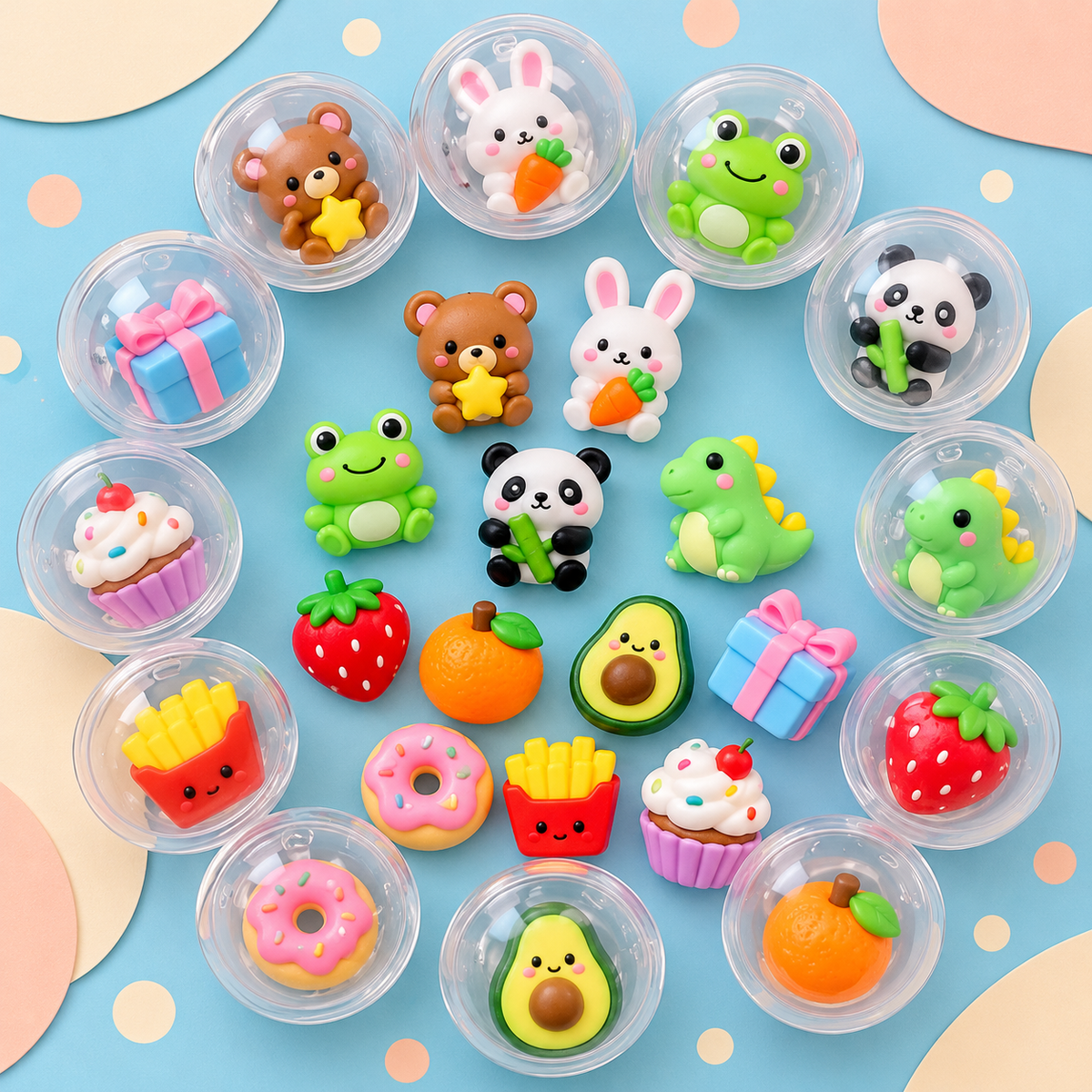 Random assortment of mini animal fruit and food capsule surprises