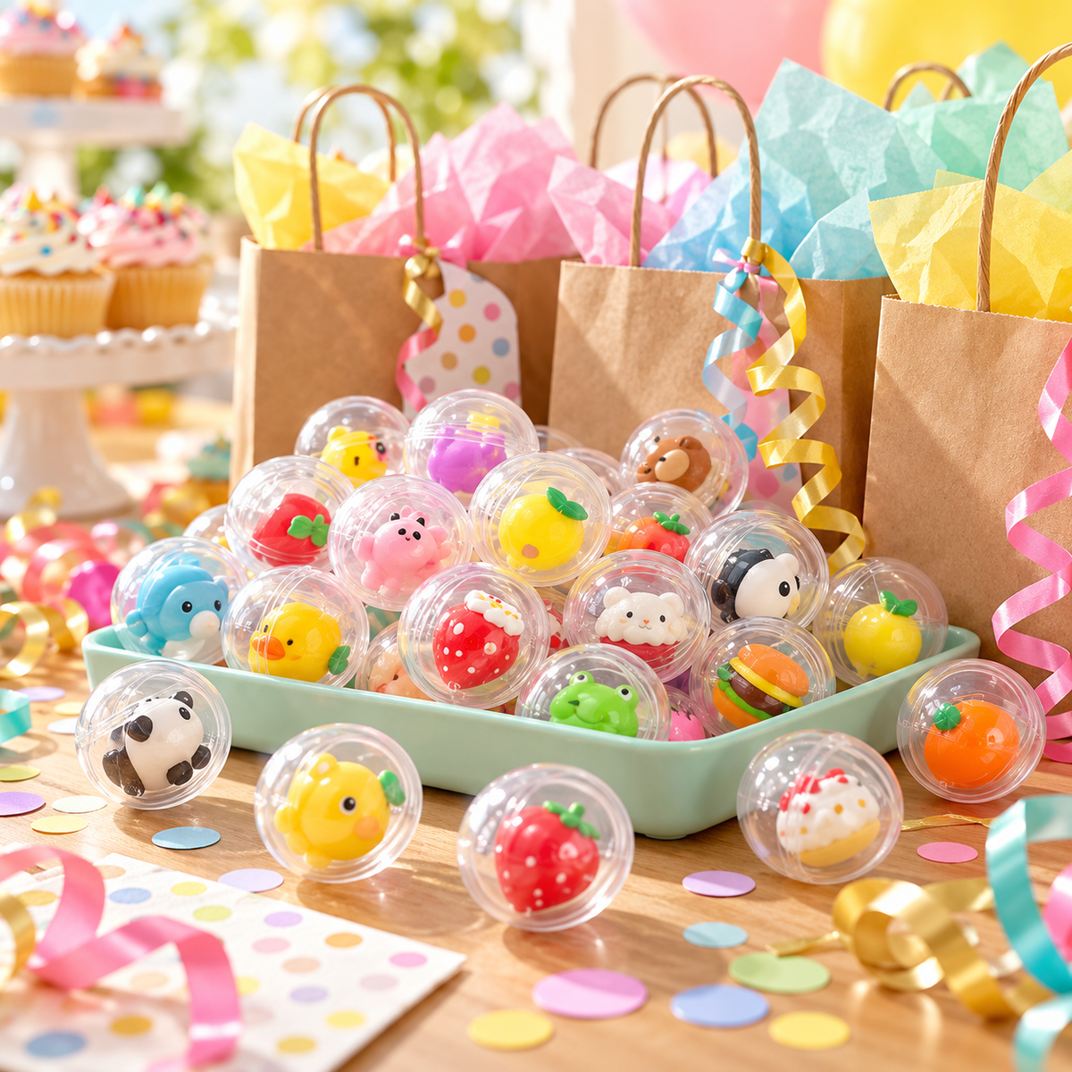 Mini surprise capsules arranged as colorful birthday party favors