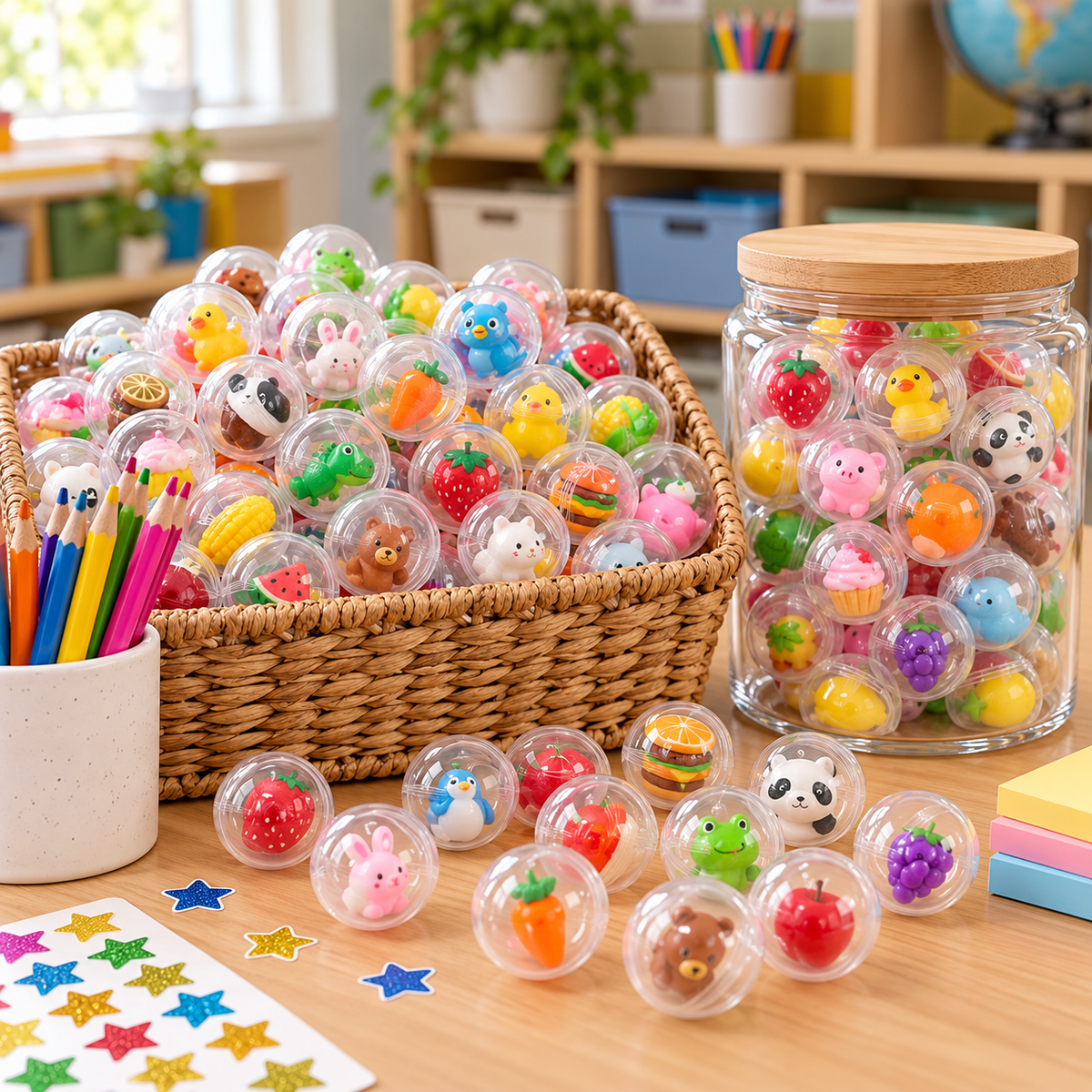 Mini animal and fruit surprise capsules in a classroom reward basket